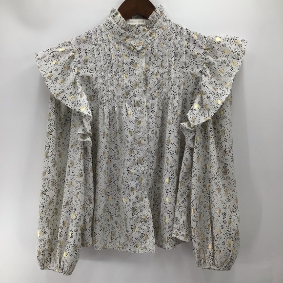 bishop + young Tops - bishop + young Cream and Black Floral Print Long Sleeve Ruffle Blouse
